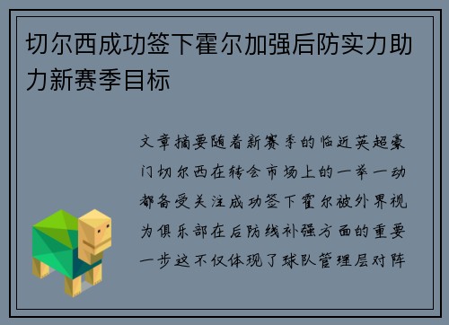 切尔西成功签下霍尔加强后防实力助力新赛季目标