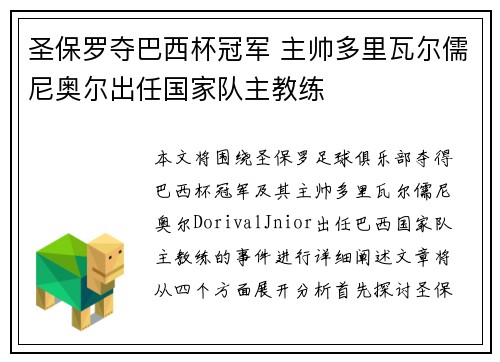 圣保罗夺巴西杯冠军 主帅多里瓦尔儒尼奥尔出任国家队主教练